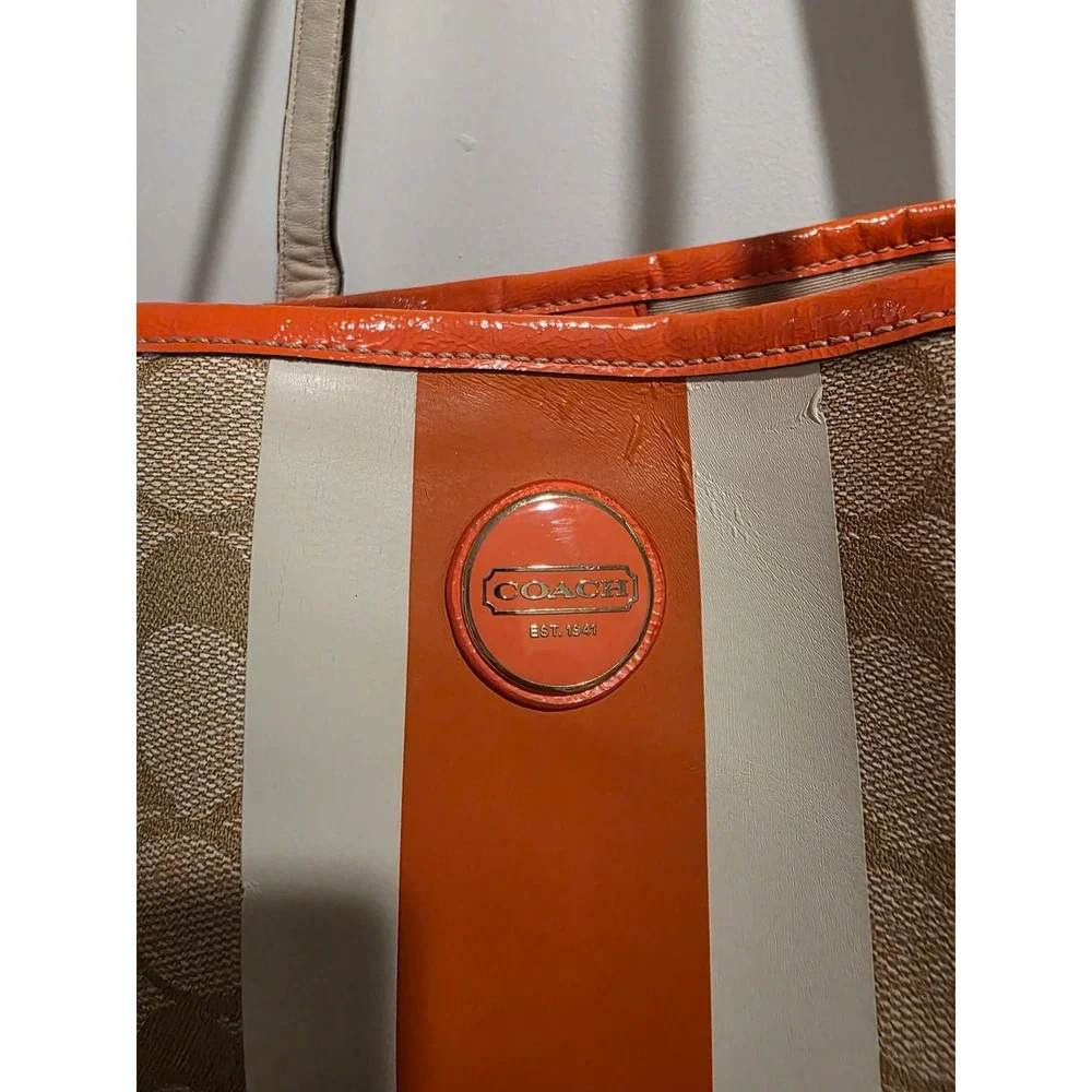 Coach‎ Heritage Stripe Drawstring Tote Bag Khaki Orange Signature Canvas F18923